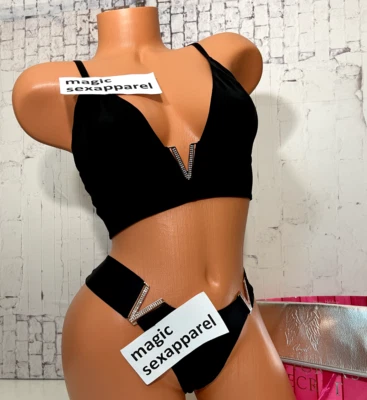 VICTORIA'S SECRET CRYSTALS LOGO BRALETTE BRA PANTY SET SMOOTH PLUNGE BLACK - Image 1 of 2