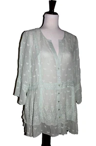 Sundance Large Mint Green Sheer Silk Tunic Embroider & Lace BoHo Beautiful! - Picture 1 of 13