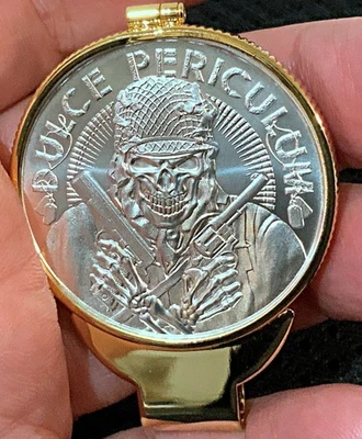 DANGER/DULCE PERICULUM 1 OZ *REAL* SILVER MONEY CLIP (GOLDEN BEZEL) - Image 1 of 4