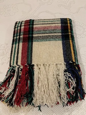 Pier 1 Imports Soft Throw Cream Blanket Fringed Plaid Multicolor 50X60 *Read* - Image 1 of 4