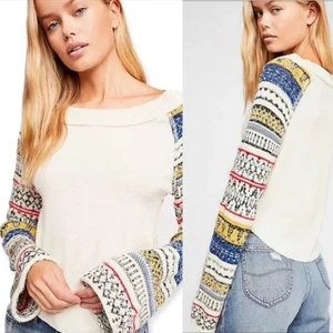 Top Free People Fairground crema termica boho colorato maniche a campana spiaggia taglia M - Foto 1 di 12
