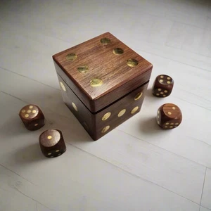 Dice Wood Box With Set of 4 Wood Dice & Gold Inlay (2.75" x 2.5" x 2.5") - Picture 1 of 5