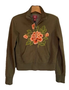 Lucky Brand Green Zip Up Sweatshirt Jacket Floral Crow Forest Core Boho XS Flaw - Picture 1 of 11