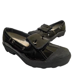 UGG Sz 8 Ashdale Black Patent Shearling Lined Duck Moc Slip On Flats Waterproof - Picture 1 of 7
