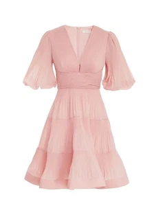 Zimmermann Pleated Mini Dress |Pale Peach/Pink, Puff Sleeves, Plunging V-Neck - Picture 1 of 6