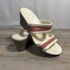 Crocs Damen-Sandalen 10 Slipper Keilabsatz rosa pink und weiß offene Zehenpartie - Bild 1 von 9