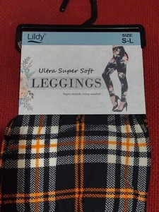 NEW Ultra Super Soft Plaid Leggings Black Orange & White S-L - Picture 1 of 15