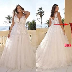 Plus Size A-Line Wedding Dresses V-Neck Sleeveless Lace Appliques Bridal Gowns - Picture 1 of 7