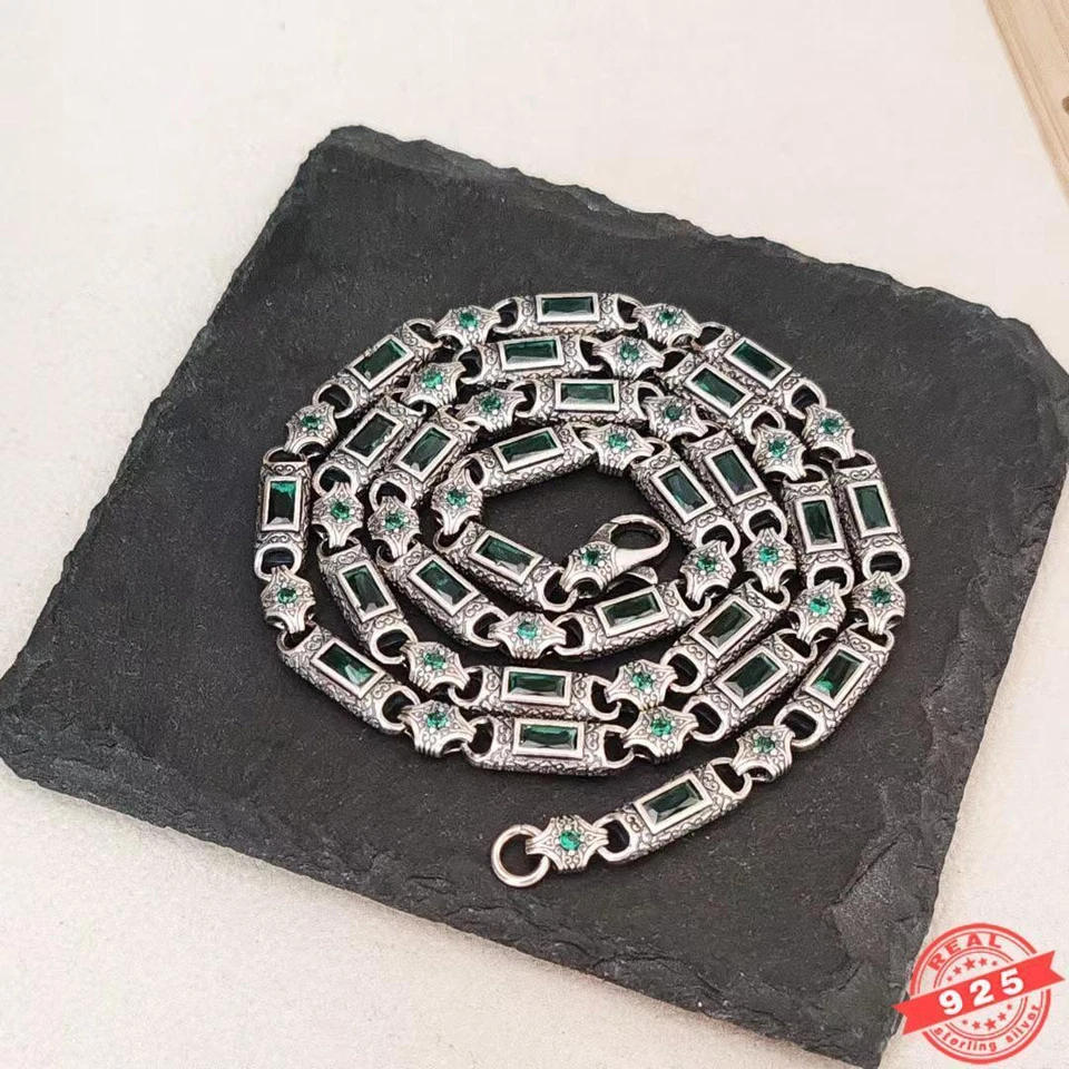 Collar retro pesado de cadena de circón verde vintage de 24 pulgadas de plata de ley 925 para hombre Foto 1 de 4