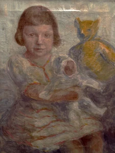 Gemälde kleines Mädchen mit Puppe und Teddy - Bild 1 von 4