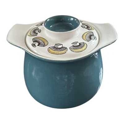 Vintage Poole Pottery Mushroom Lucullus Casserole Pot Dish Lid Blue White Funghi - Image 1 of 4