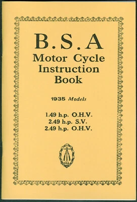 BSA Motorcycle Manual 1935 1.49 hp 2.49 hp ohv 2.49 hp sv Paper Book - Image 1 of 4
