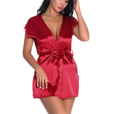 Lencería Sexy Para Mujer Satén Kimono Bata Encaje Borde Batas Vestido Prendas para dormir Camisón Foto 1 de 4