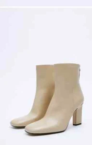 NWT ZARA LEATHER HIGH HEELED ANKLE BOOTS Back Zipper Beige Size US 10 1141/810 - Picture 1 of 7