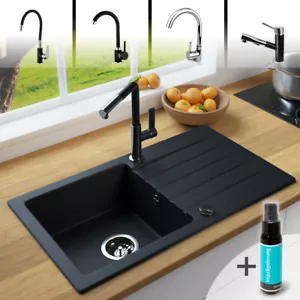 Rein Schwarz LINDBERGH® Granit Spüle "MEG44" Einbauspüle Küchenspüle Spülbecken - Picture 1 of 50