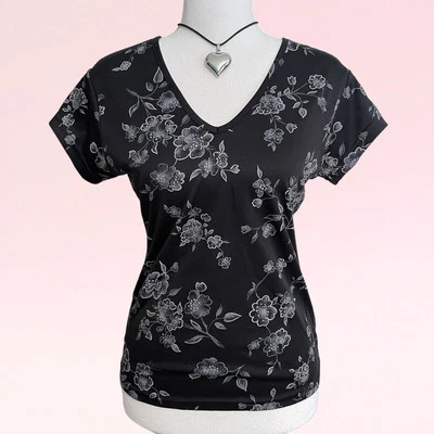 Top manga gorra cuello en V vintage años 90 y2k negro floral capricho gótico hada grunge S/M Foto 1 de 4