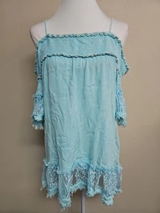 NWT LOVE Women’s Blouse Top Off Shoulders Short Sleeve Blue Color Lace.Size L - Picture 1 of 12
