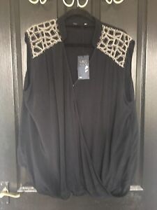 BNWT M & S SIZE 24 SHEER BLACK CROSSOVER TOP WITH BEADED SHOULDER GRT 4 HOLIDAY