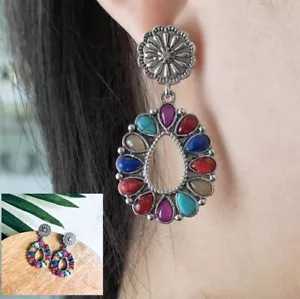 Western Colorful Stone Silver Teardrop Earrings Southwestern Cowgirl Boho NEW - Picture 1 of 8