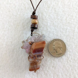 Artisan Petrified Wood Stone Mother of Pearl Shell Copper Wound Pendant Necklace - Picture 1 of 11