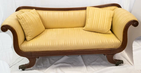 Antique American or English Duncan Phyfe Style Federal Love Seat Rams Head Feet Cover