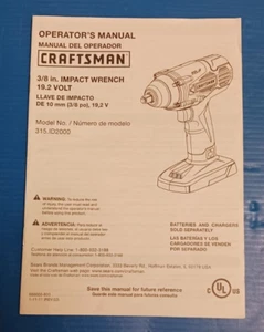 CRAFTSMAN 19.2 VOLT  CORDLESS 3/8 IN. C3 IMPACT WRENCH 315.ID2000 OWNERS MANUAL - Picture 1 of 2