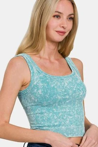 Zenana Washed Ribbed Scoop Neck Wide Strap Tank Top - Picture 1 of 4