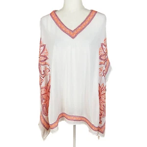 Chico's Embroidered Poncho Coverup Top Size S/M Coral White Gauzy Lighweight - Picture 1 of 7