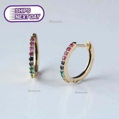 14k 纯金天然彩虹蓝宝石宝石金色小环状耳环 — 第 1/4 张图片