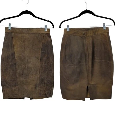 Saia lápis de couro vintage anos 80 Winlit S marrom country rústico desgastado - Imagem 1 de 4
