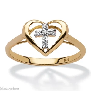 18K GOLD STERLING SILVER  DIAMOND ACCENT FLOATING CROSS HEART  RING 6,7,8,9,10 - Picture 1 of 3