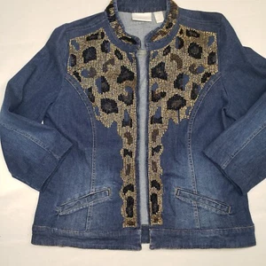 Chico's open front jean jacket size 1 beaded embroidered front. - Picture 1 of 6