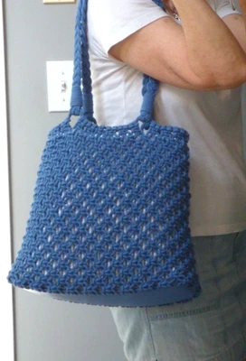 TALBOTS 结绳 钩针编织 针织 托特包 手提包 单肩包 波西米亚嬉皮 蓝色 — 第 1/4 张图片