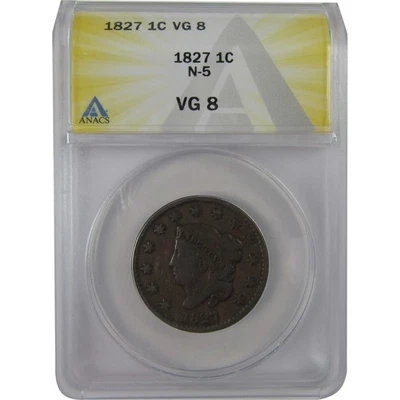 1827 N-5 Coronet Head Large Cent VG 8 ANACS Copper SKU:CPC1200 - Image 1 of 4