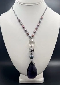 CHICO’S NWT Necklace IRIS Purple Crystal Pendant Freshwater Pearls 32” - 35” Adj - Picture 1 of 7