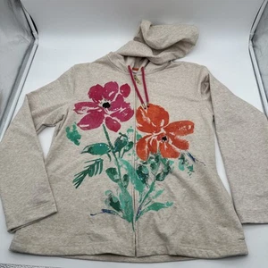 Susan Graver Womens Floral Full Zip Hoodie Jacket Sz M Gray Drawstring Casual - Picture 1 of 8