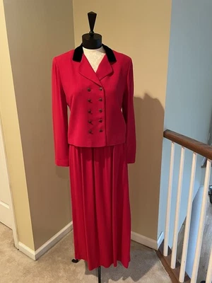 Cynthia Howie 2pc Red Suit with Black Velvet Collar and Long Skirt Size 8 - Image 1 of 4