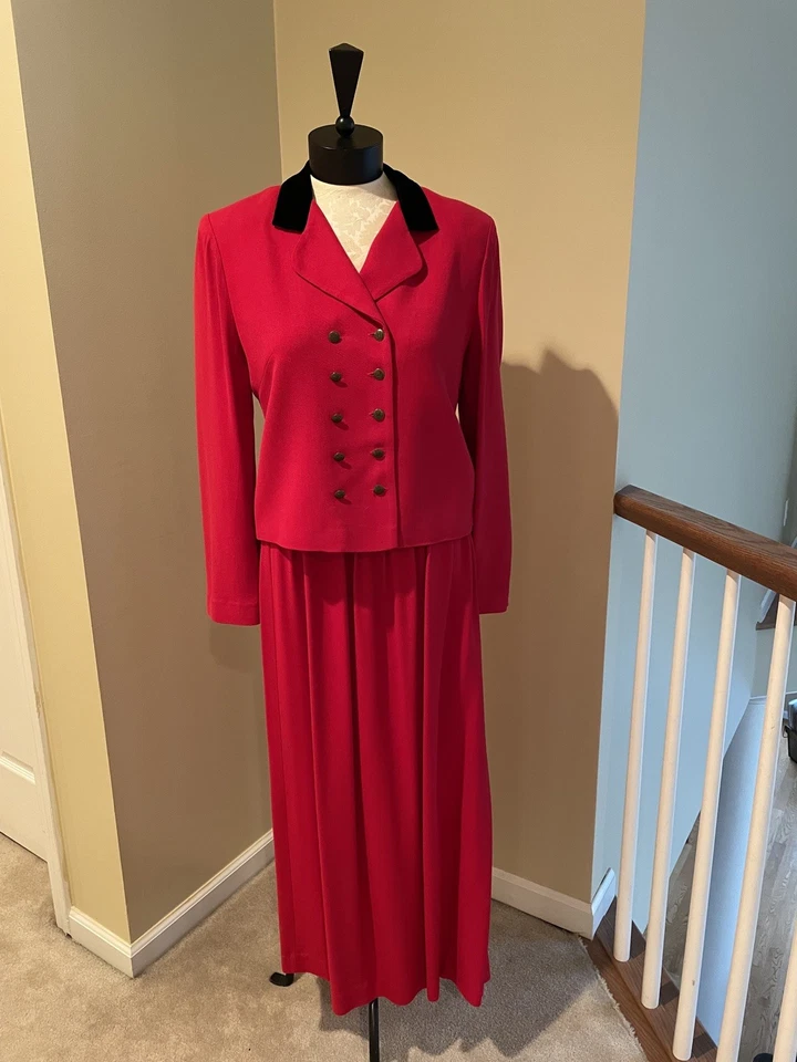 Cynthia Howie 2pc Red Suit with Black Velvet Collar and Long Skirt Size 8 - Image 1 of 4