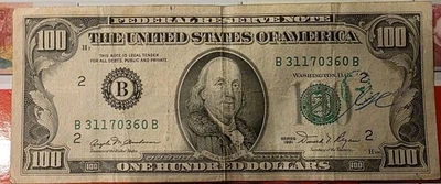 Benjamin Franklin 1981 $100 Dollar Bill Banknote Serial number B31170360 B - Image 1 of 2