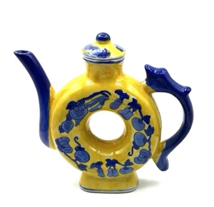 Chinese Porcelain Teapot Royal Bombay Donut Shaped Blue Yellow Rare - Picture 1 of 10