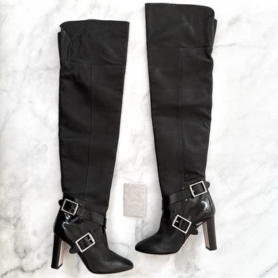 NUEVAS Botas Jimmy Choo Doma OTK Sobre la Rodilla Cuero Motociclista Moto Tacón Negras 35 Foto 1 de 4