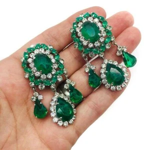1970 Outstanding Vintage Bridal Earrings Green Emerald & Vivid White CZ 45.71TCW - Picture 1 of 8