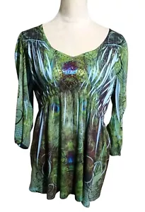 Apt 9 Perlen V-Ausschnitt Boho Pfauenmuster blau grün Sublimation Top Größe Medium - Bild 1 von 11