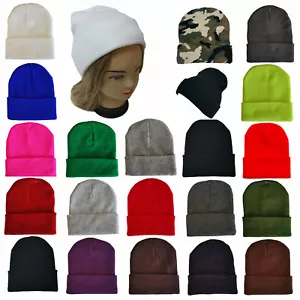 Calidad Premium Gorro de Punto Color Sólido Puño Elástico Hombre Mujer Cálido - Picture 1 of 31