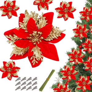30Pcs Christmas Tree Decoration Poinsettia Artificial Flowers Ornaments Glitter - Picture 1 of 29