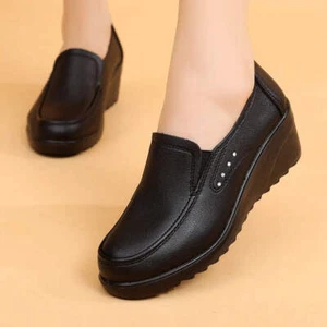 Womens Pumps Shoes Wedges Loafers Soft Leather Mid Heel Shoes for Women Ladies L - Picture 1 of 21