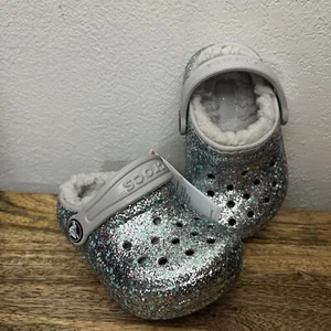 Crocs Classic Lined Glitter Clogs Silver Sz Toddler 5 C5 NEW - Picture 1 of 5