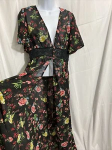 Vintage Dizzire Long Black Pink Yellow Short Sleeve Floral Long Dress, XL - Picture 1 of 9