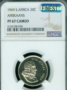 1969 SOUTH AFRICA AFRIKAANS 20 CENTS NGC PF67 CAMEO MAC FINEST & SPOTLESS * - Picture 1 of 2