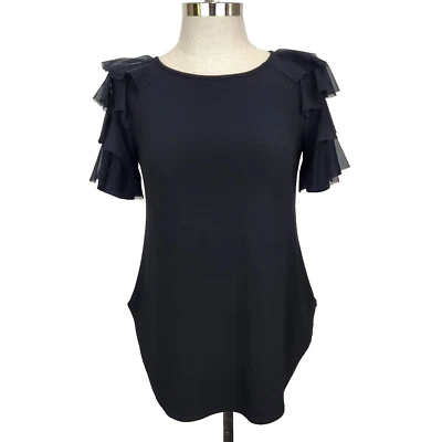 Joseph Ribkoff Mesh Ruffle Sleeve Top Womens 10 Black Round Neck Curved Hem - Image 1 of 4